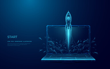 Abstract Rocket Takes off From the Laptop Screen. Spaceship Launch with Smoke. Start Up and Boosting Concept. Low Poly Wireframe Vector Illustration on Technological Blue Background. 3D Effect. - obrazy, fototapety, plakaty