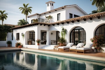 Obraz na płótnie Canvas Exterior of modern minimalist cubic villa with swimming pool at sunset.