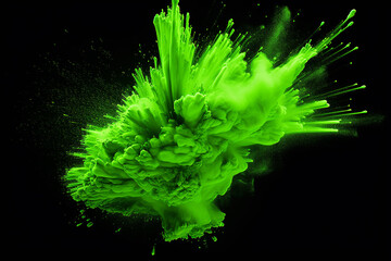 Bright green holi paint color powder festival explosion burst isolated white background. industrial print concept background with Generative AI technology.