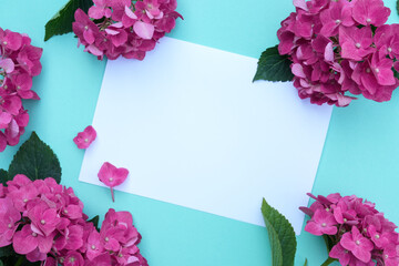 Beautiful composition with hortensia flowers and blank card on light blue background, top view....