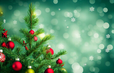 Naklejka na ściany i meble christmas background with christmas tree branches and balls, generative ai 