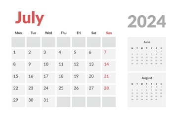 Calendar Template of july 2024. Vector layout simple calendar with week start Monday.