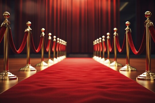 Red carpet rolling out in front of glamorous movie premiere background