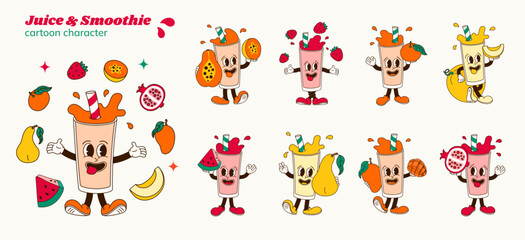 Set of comic cartoon characters of papaya, strawberry, tangerine, orange, melon, watermelon, pear, mango, pomegranate smoothie or juice. Isolated vector illustration of mascots cocktail in retro style