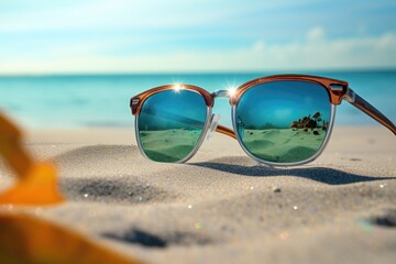 Fototapeta na wymiar Shades of Serenity Sun-kissed Beach Vibes Through the Lens of Sunglasses. Travel concept.