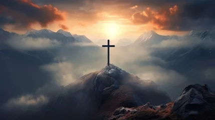 Tuinposter Holy cross symbolizing the death and resurrection of Jesus Christ with the sky over Golgotha Hill is shrouded in light and clouds. Apocalypse concept. © radekcho