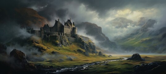 Mysterious medieval castle on a rocky mountain cliff shrouded in dense dark cold morning fog with sunlight barely piercing the cloud cover - generative AI - obrazy, fototapety, plakaty
