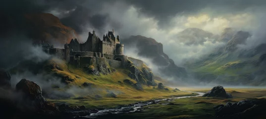 Foto op Aluminium Mysterious medieval castle on a rocky mountain cliff shrouded in dense dark cold morning fog with sunlight barely piercing the cloud cover - generative AI © SoulMyst
