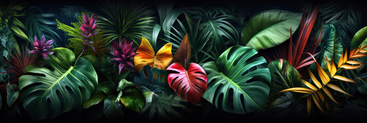 Tropical plants background, Jungle tropic leaves and flower variety, banner