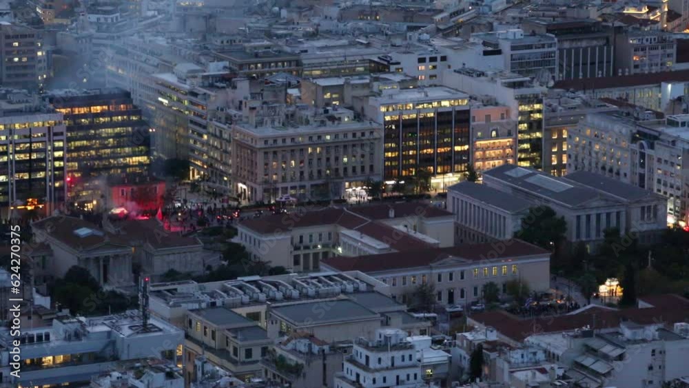 Wall mural protest in panepistimio in central athens as seen from lycabettus hill.