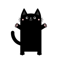 Black square cat ready for a hugging. Kitty standing reaching for a hug. Open hand paw print. Funny Kawaii animal. Cute cartoon baby character. Pet collection. Flat design White background.
