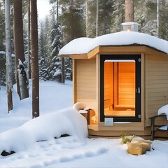 Finnish sauna in a winter forest. Illustration generated ai