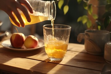 woman pouring apple juice into glass.