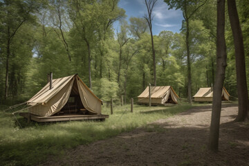 tent canvas glamping camping vacation forest travel luxury light nature. Generative AI.