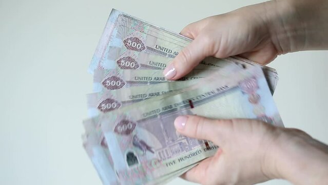 Woman counting AED dirhams in hands