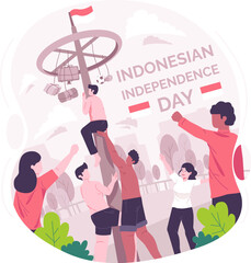 People celebrate Indonesian Independence Day. Panjat pinang or pole climbing is a traditional game competition. Indonesia Independence Day concept illustration