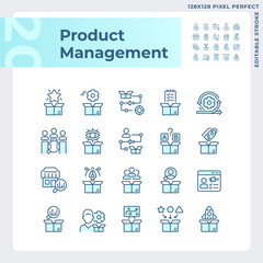 Pixel perfect blue icons set representing product management, editable thin line illustration.