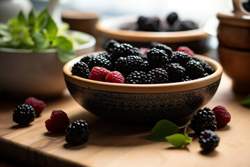 A bowl full of blackberries on a wooden kitchen counter. Nicely lit scene, boho style surroundings with accessories around
