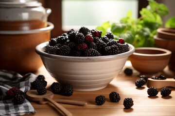 A bowl full of blackberries on a wooden kitchen counter. Nicely lit scene, boho style surroundings with accessories around
