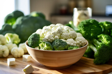 A bowl full of broccoli on a wooden kitchen counter. Nicely lit scene, boho style surroundings with accessories around