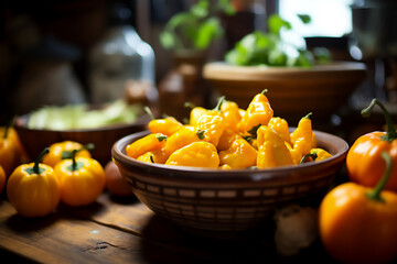 A bowl full of hot peppers on a wooden kitchen counter. Nicely lit scene, boho style surroundings with accessories around
