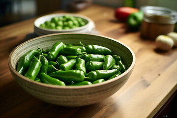 A bowl full of jalapeno peppers on a wooden kitchen counter. Nicely lit scene, boho style surroundings with accessories around