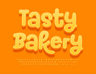 Vector delicious Emblem Tasty Bakery. Funny Calligraphic Font. Creative 3D Alphabet Letters, Numbers and Symbols set - obrazy, fototapety, plakaty