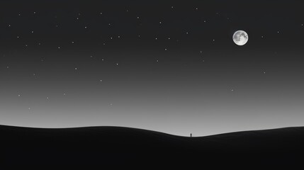 Fototapeta na wymiar Desert and moon. Minimalistic monochromatic galaxy poster. Abstract black space background. 
