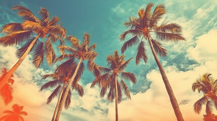 Fototapeta na wymiar Palm trees against blue sky, Palm trees at tropical coast, vintage toned and stylized, coconut tree,summer tree ,retro generative ai