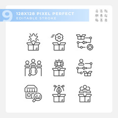 2D pixel perfect black icons set representing product management, editable thin line illustration.