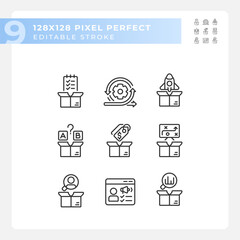Pixel perfect black icons representing product management, editable thin line illustration set.