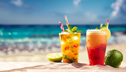 Exotic summer drinks, blur sandy beach on background