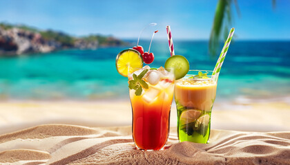 Exotic summer drinks, blur sandy beach on background