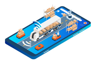 A self-driving truck with Robots loading cargo into truck with autopilot. Vector isometric illustration eps10