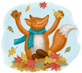 Adorable smiling fox and autumn leaves with blue background. Hand drawn illustration.