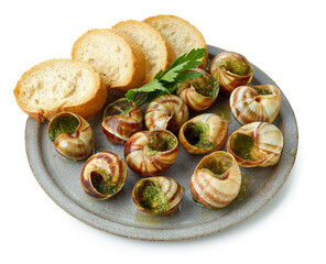 plate of baked escargot snails filled with parsley and garlic butter