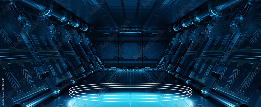 Fototapete blue spaceship interior with glowing neon lights podium on the floor. futuristic corridor in space s