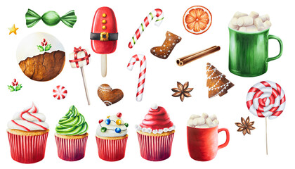 Watercolor set with christmas cups of hot drink, marshmallows, cinnamon stick, orange and sweet muffins with cream and candies. New year hand painting red mug isolated on white background. For 