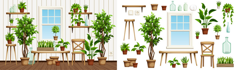 Room interior with lots of plants. Green houseplants in interior. Urban jungle interior design. Furniture set. Interior constructor. Cartoon vector illustration