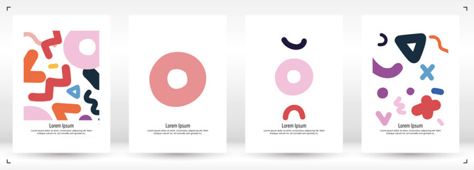Abstract Minimal Vector Background in Trendy Doodle Style.   Vibrant Graphic Print with Dynamic Lines and Geometric Shapes.  Set of Vivid Poster 80s - 90s Design for Landing Page, Cover, Brochure.