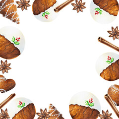 Watercolor Christmas frame with crispy gingerbread cookies with icing, cinnamon and anise star. New year hand painting spices isolated on white background. For designers, food decoration, menu, s