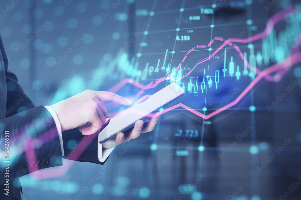 Poster Close up of businessman hand pointing at mobile phone with glowing forex index chart with grid on blurry office interior background. Market, finance and online trading concept. Double exposure.