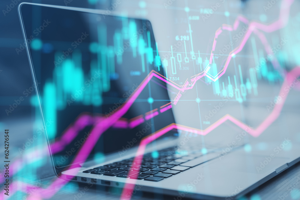 Poster close up of laptop at workplace with glowing forex index chart with grid on blurry background. marke