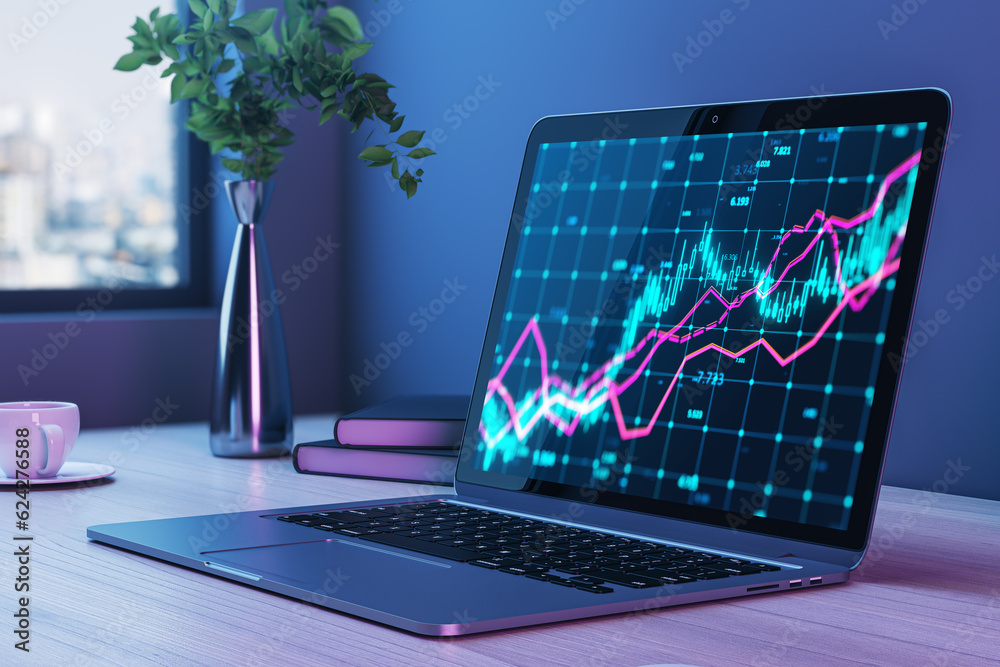 Poster close up of laptop with forex chart on screen at office workplace with window, city view and various