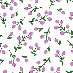 Seamless pattern with hand drawn vintage branches with leaves and berry on a white background.
