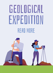 Geological expedition and exploration of mineral resources banner, flat vector.