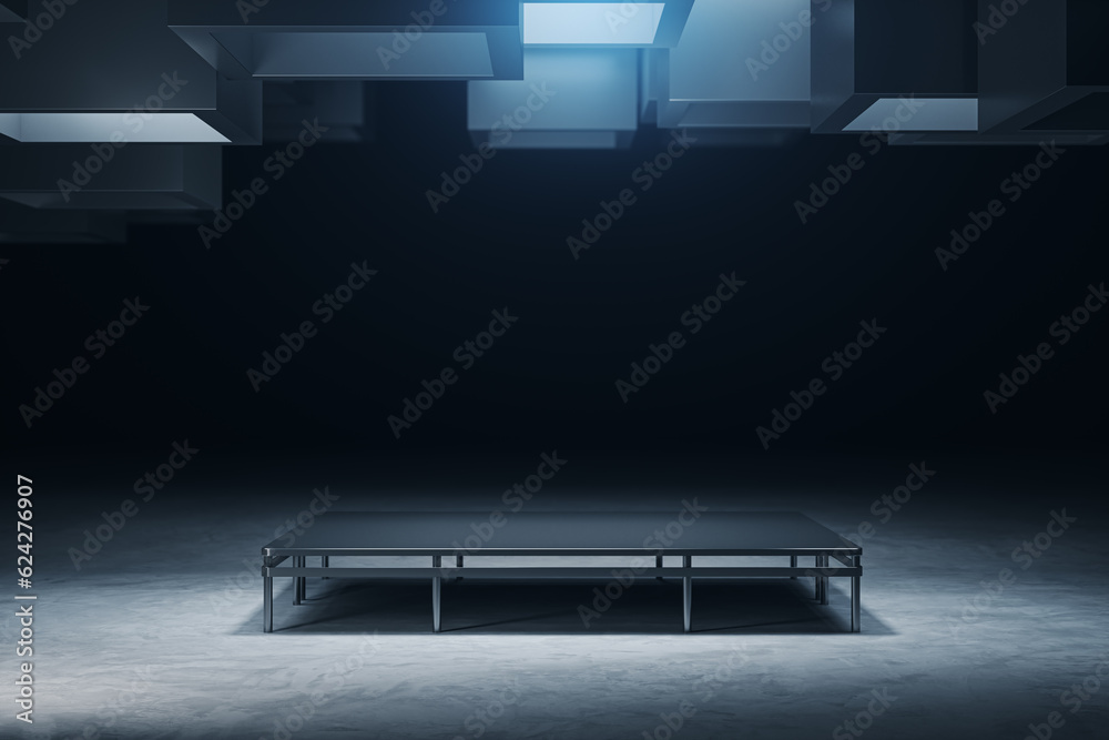 Poster modern grunge interior with empty pedestal for mock up. 3d rendering.