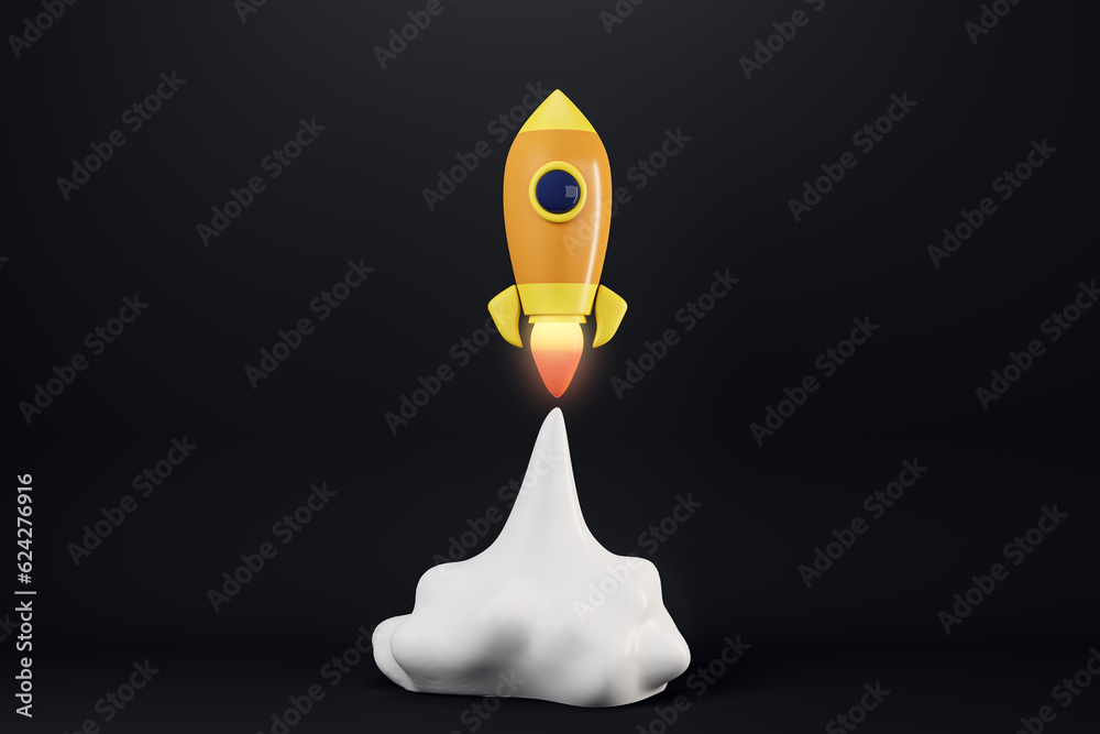 Poster creative cartoon rocket flying on black background. start up and new beginning concept. 3d rendering