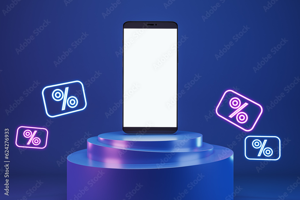 Poster sale concept with front view on blank white modern smartphone screen with place for your logo or tex