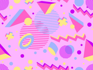 3D geometric seamless pattern in 80s style. 3d isometric triangles, zigzags and circles. Geometric memphis style. Design for promotional products, wrapping paper and printing. Vector illustration